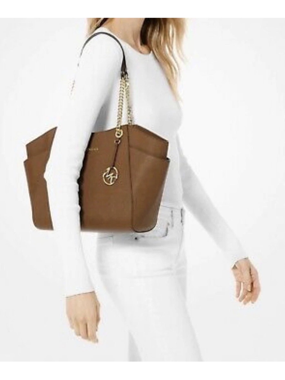 Michael Kors Cognac Leather Tote with Gold Chain Strap